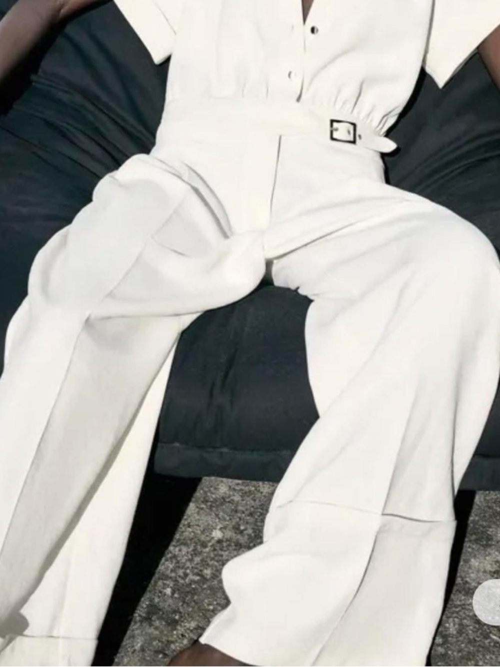 Zara Cream Short-Sleeve Belted Jumpsuit
